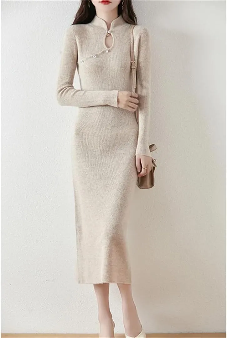 Women’S Wool Half High Collar Slim Knit Dress Sheath Mid-Calf Long Sweater Vintage Pullover