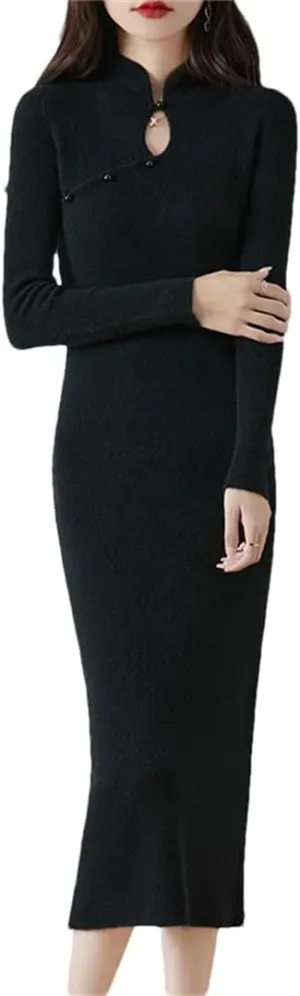 Women’S Wool Half High Collar Slim Knit Dress Sheath Mid-Calf Long Sweater Vintage Pullover