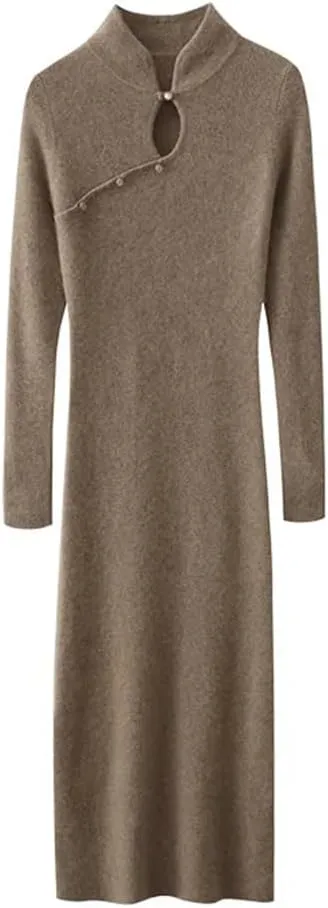 Women’S Wool Half High Collar Slim Knit Dress Sheath Mid-Calf Long Sweater Vintage Pullover