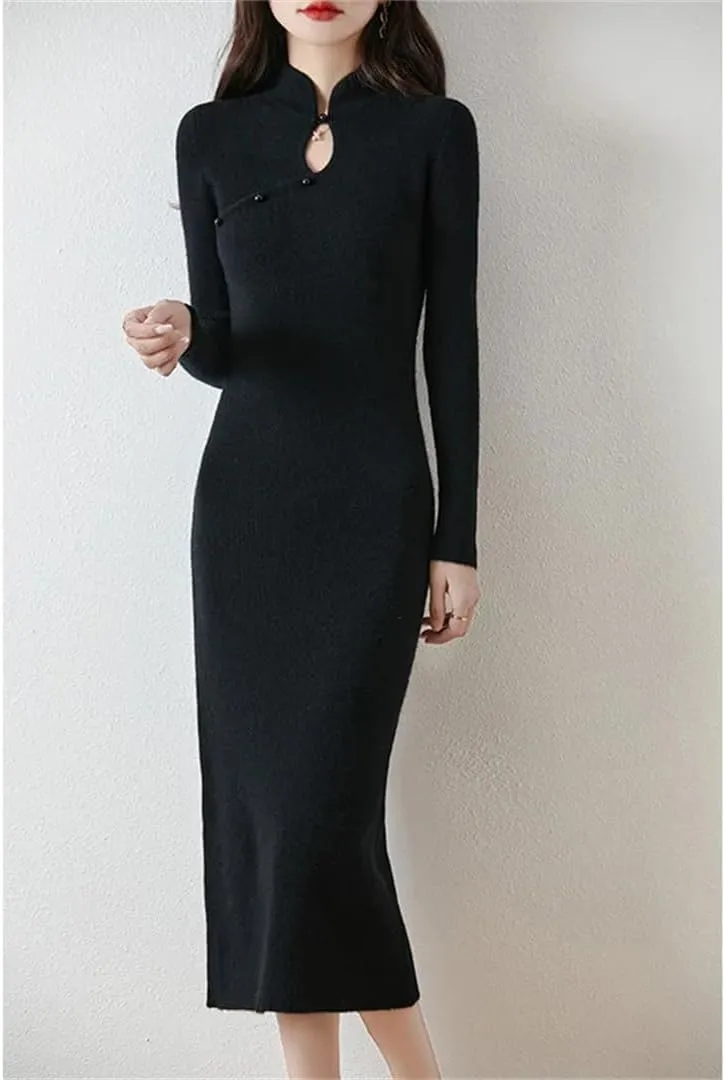 Women’S Wool Half High Collar Slim Knit Dress Sheath Mid-Calf Long Sweater Vintage Pullover