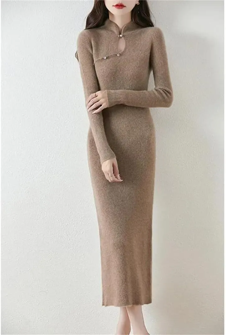 Women’S Wool Half High Collar Slim Knit Dress Sheath Mid-Calf Long Sweater Vintage Pullover