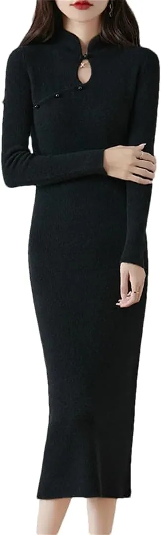 Women’S Wool Half High Collar Slim Knit Dress Sheath Mid-Calf Long Sweater Vintage Pullover