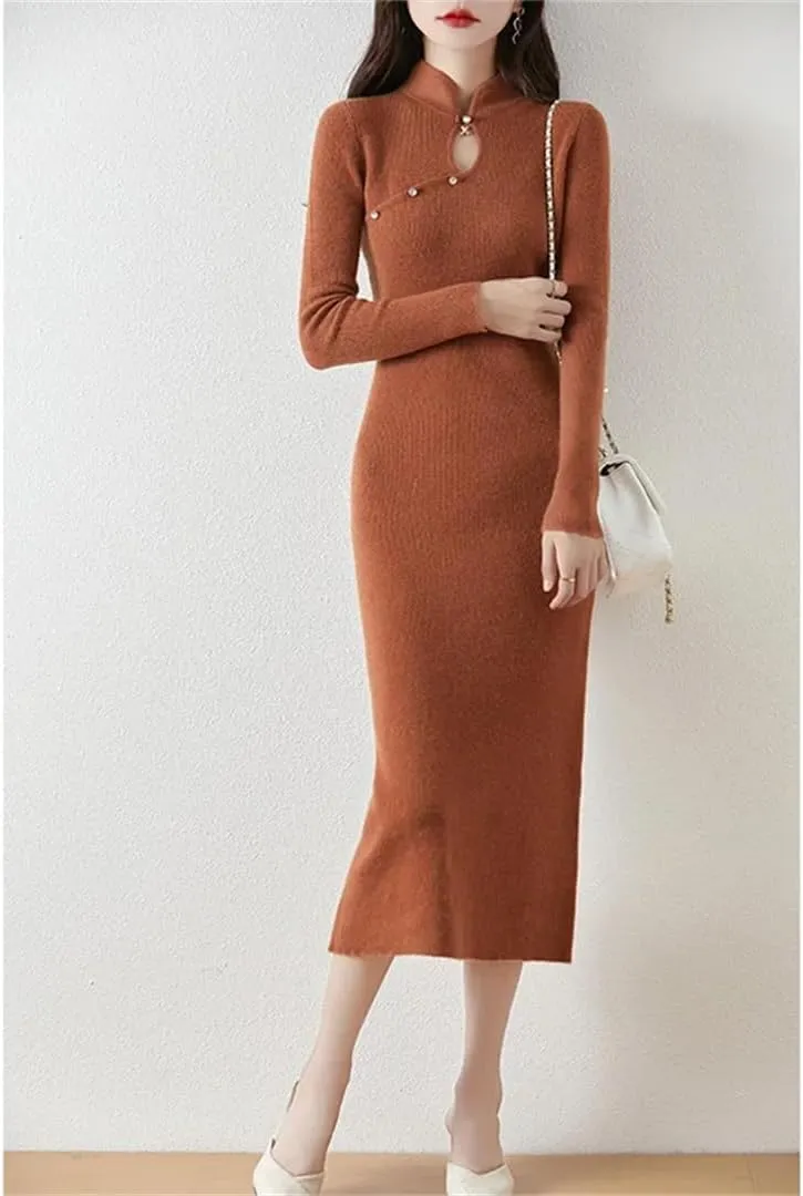 Women’S Wool Half High Collar Slim Knit Dress Sheath Mid-Calf Long Sweater Vintage Pullover