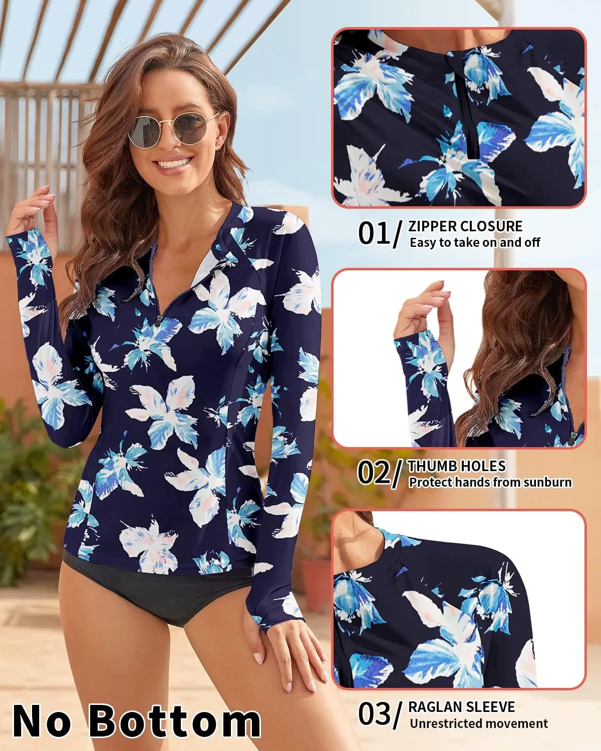 WOWENY Women Rash Guard Long Sleeve Swim Shirts UPF 50 Sun Protection Swimsuit Top Bathing Suit No Bottom