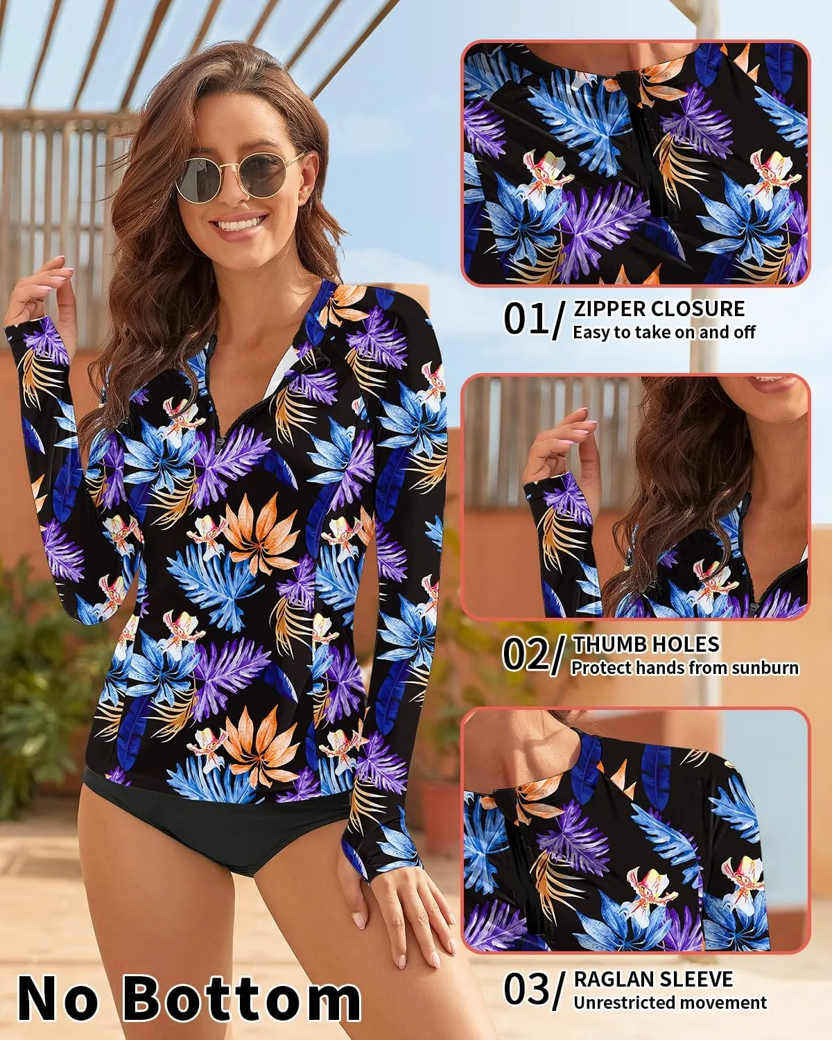 WOWENY Women Rash Guard Long Sleeve Swim Shirts UPF 50 Sun Protection Swimsuit Top Bathing Suit No Bottom