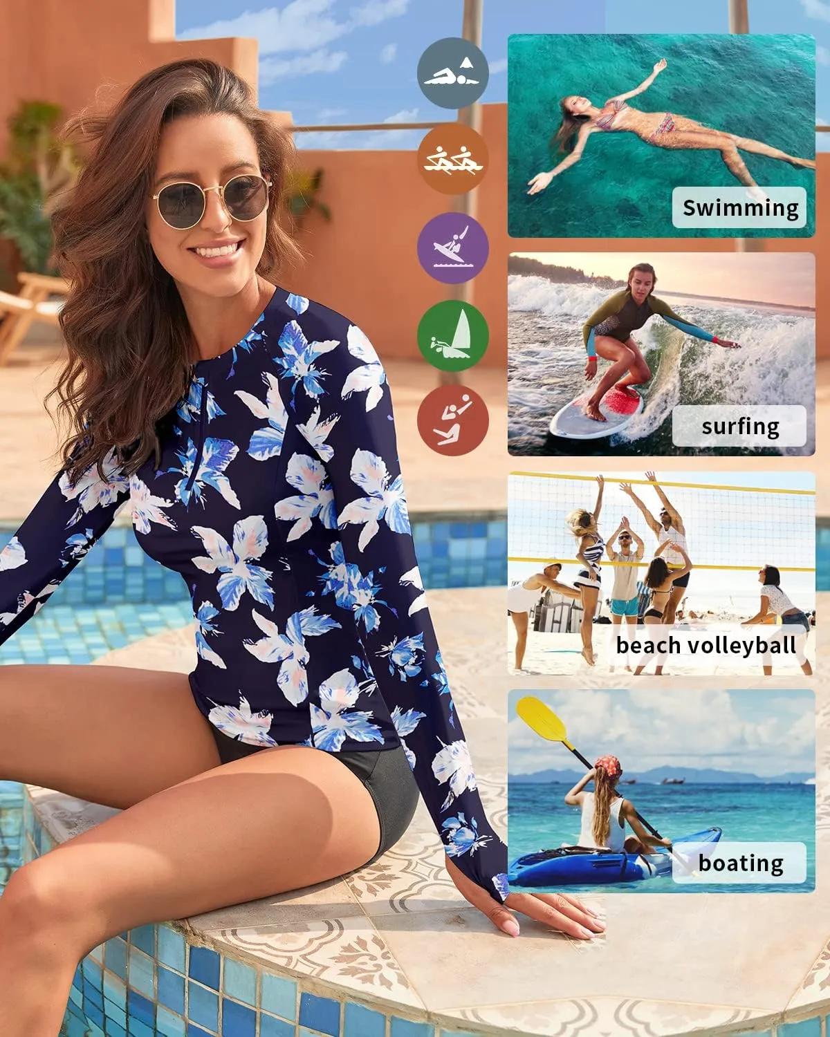WOWENY Women Rash Guard Long Sleeve Swim Shirts UPF 50 Sun Protection Swimsuit Top Bathing Suit No Bottom