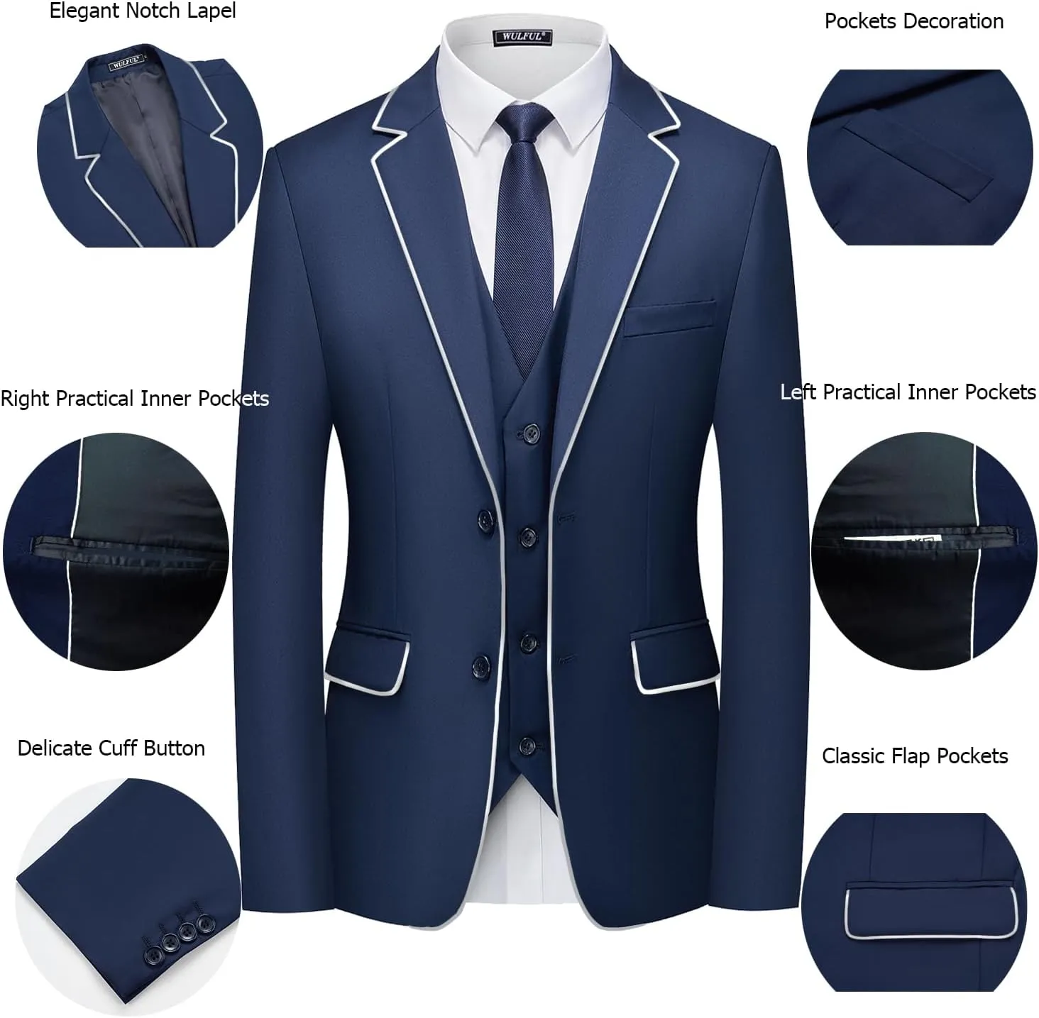 WULFUL Men's 3 Piece Slim Fit Suit Set Two Button Blazer Jacket Vest Pants Tuxedo Set for Party, Wedding and Business