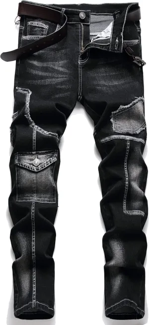 XIMXIMMTIAN Men's Biker Moto Washed Distressed Slim Fit Straight Jeans Denim…