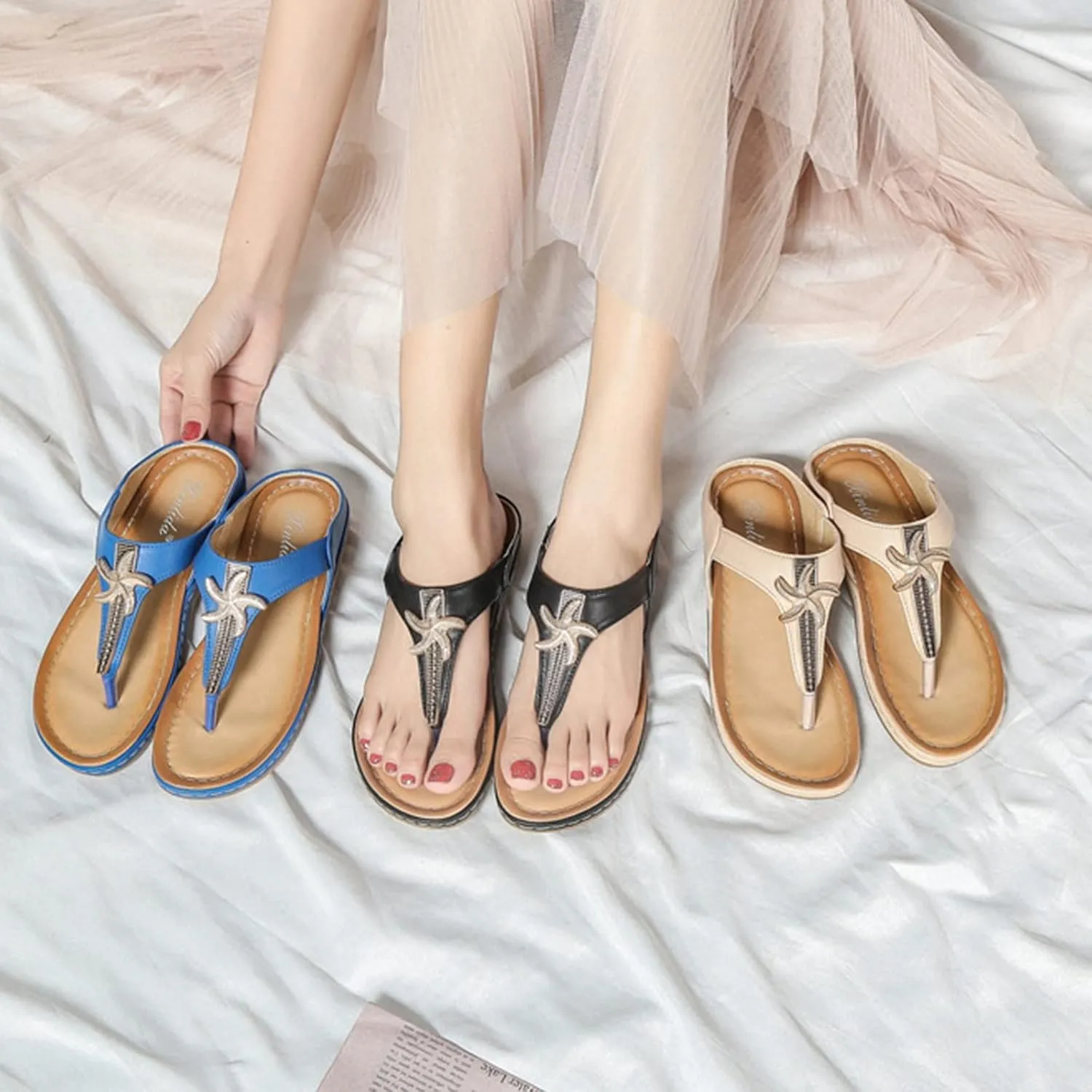 XUEMML Women's Flip Flops Thong T-Bar Strap Flats Summer Elastic， Ladies Leather Open Toe Sandals，Bohemian Beach Summer Shoes