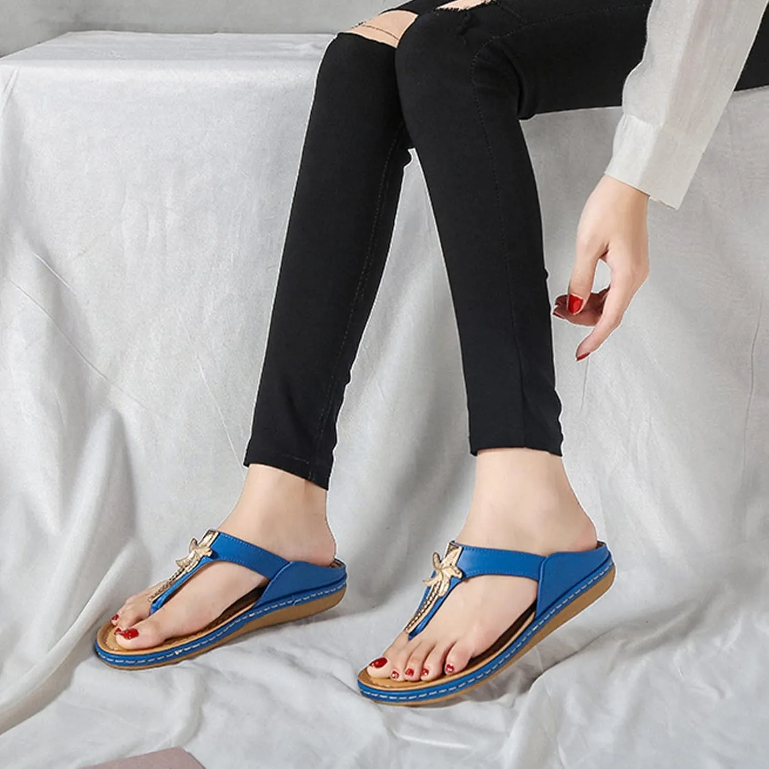 XUEMML Women's Flip Flops Thong T-Bar Strap Flats Summer Elastic， Ladies Leather Open Toe Sandals，Bohemian Beach Summer Shoes