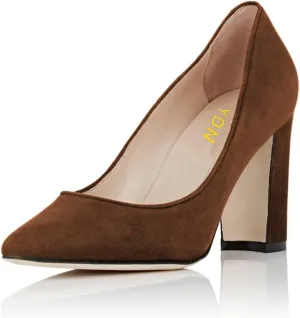 YDN Women's Classic Heeled Office Ladies Pumps Slip on Pointy Toe Chunky High Heels Suede Dress Formal Wear Shoes Size 4-15
