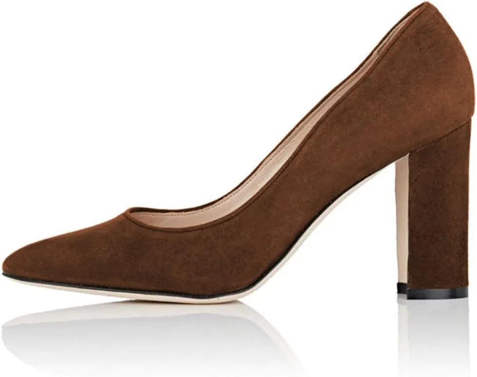 YDN Women's Classic Heeled Office Ladies Pumps Slip on Pointy Toe Chunky High Heels Suede Dress Formal Wear Shoes Size 4-15