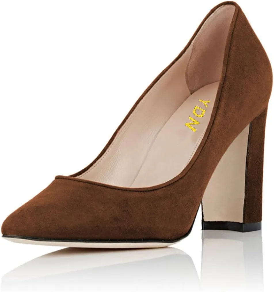 YDN Women's Classic Heeled Office Ladies Pumps Slip on Pointy Toe Chunky High Heels Suede Dress Formal Wear Shoes Size 4-15