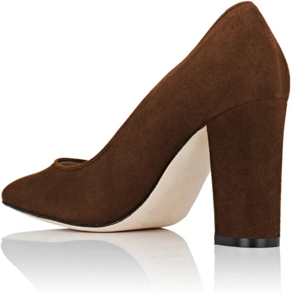 YDN Women's Classic Heeled Office Ladies Pumps Slip on Pointy Toe Chunky High Heels Suede Dress Formal Wear Shoes Size 4-15