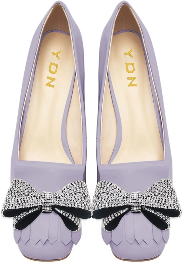 YDN Womens Squared Toe Tassel Pumps Rhinestone Bow Chunky Low Heel Slip On Comfy Dressy Date Office Shoe Size 4-15 US