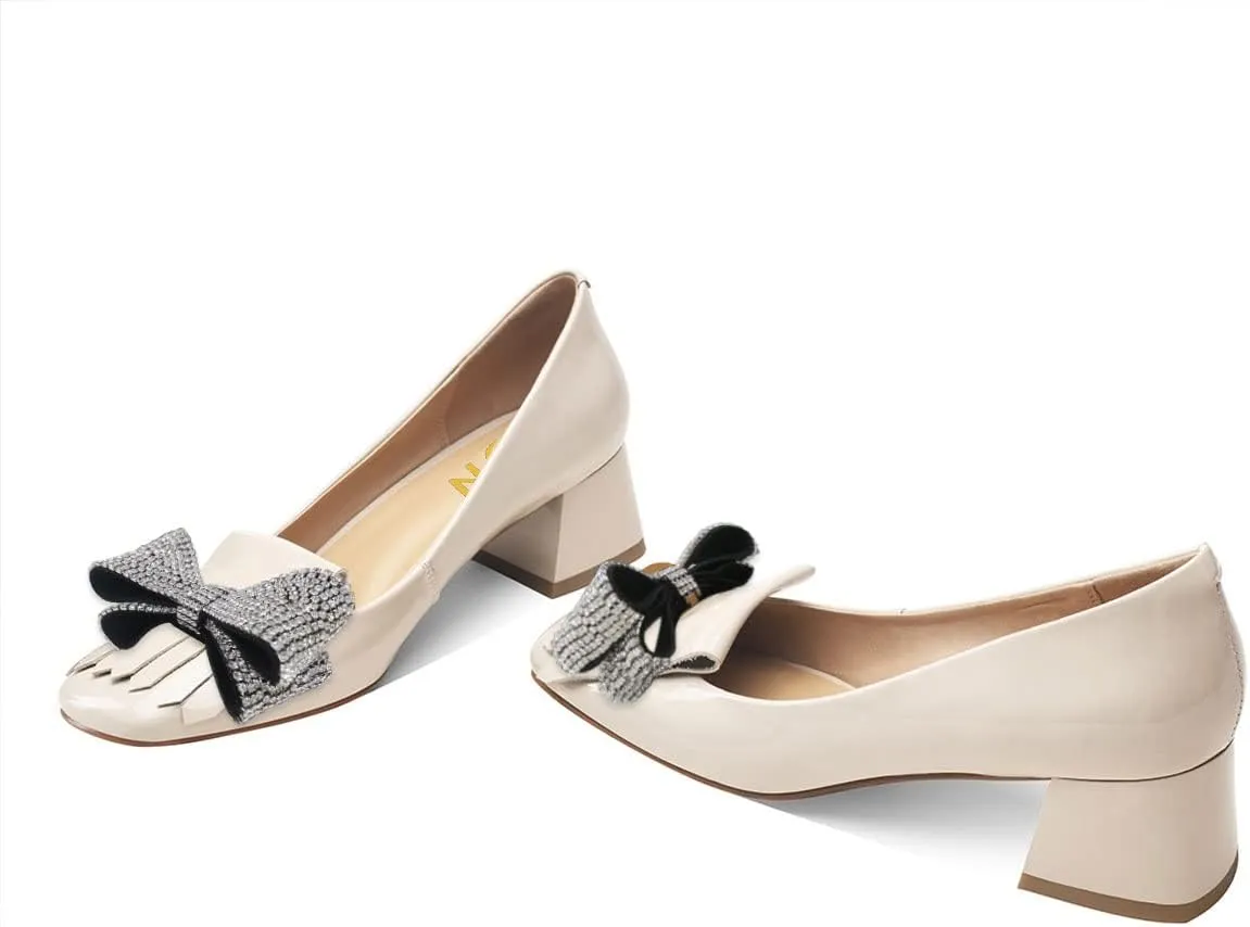 YDN Womens Squared Toe Tassel Pumps Rhinestone Bow Chunky Low Heel Slip On Comfy Dressy Date Office Shoe Size 4-15 US