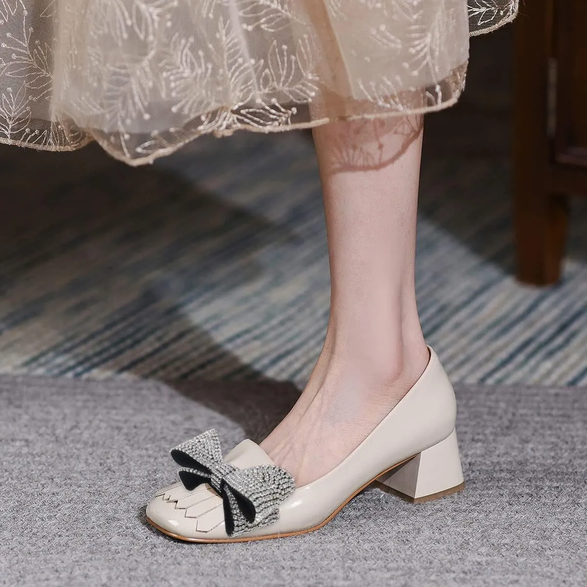 YDN Womens Squared Toe Tassel Pumps Rhinestone Bow Chunky Low Heel Slip On Comfy Dressy Date Office Shoe Size 4-15 US