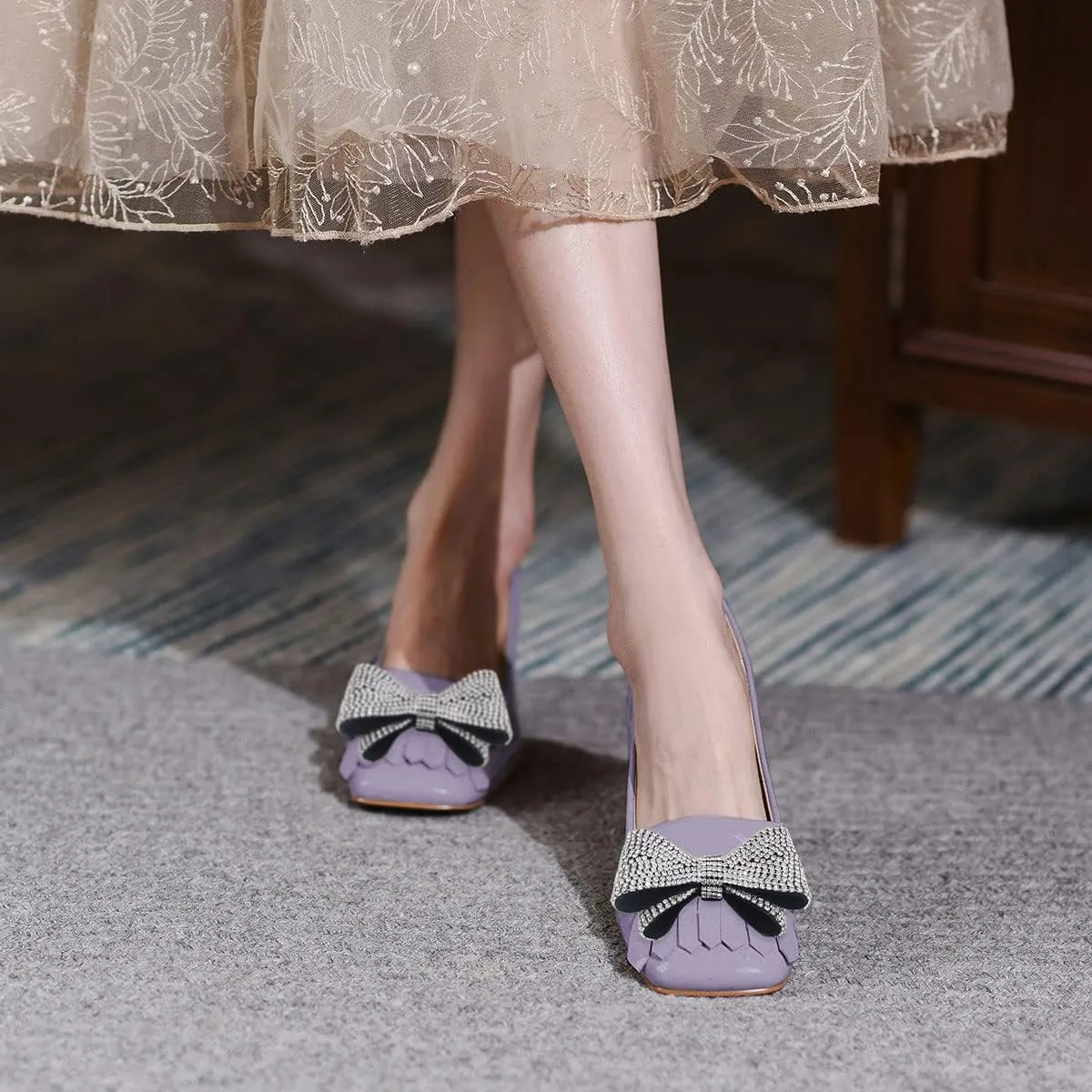 YDN Womens Squared Toe Tassel Pumps Rhinestone Bow Chunky Low Heel Slip On Comfy Dressy Date Office Shoe Size 4-15 US
