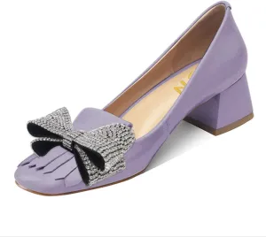 YDN Womens Squared Toe Tassel Pumps Rhinestone Bow Chunky Low Heel Slip On Comfy Dressy Date Office Shoe Size 4-15 US