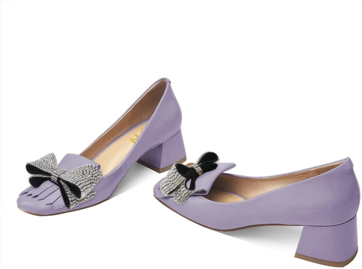 YDN Womens Squared Toe Tassel Pumps Rhinestone Bow Chunky Low Heel Slip On Comfy Dressy Date Office Shoe Size 4-15 US