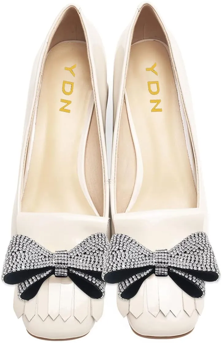 YDN Womens Squared Toe Tassel Pumps Rhinestone Bow Chunky Low Heel Slip On Comfy Dressy Date Office Shoe Size 4-15 US