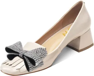 YDN Womens Squared Toe Tassel Pumps Rhinestone Bow Chunky Low Heel Slip On Comfy Dressy Date Office Shoe Size 4-15 US
