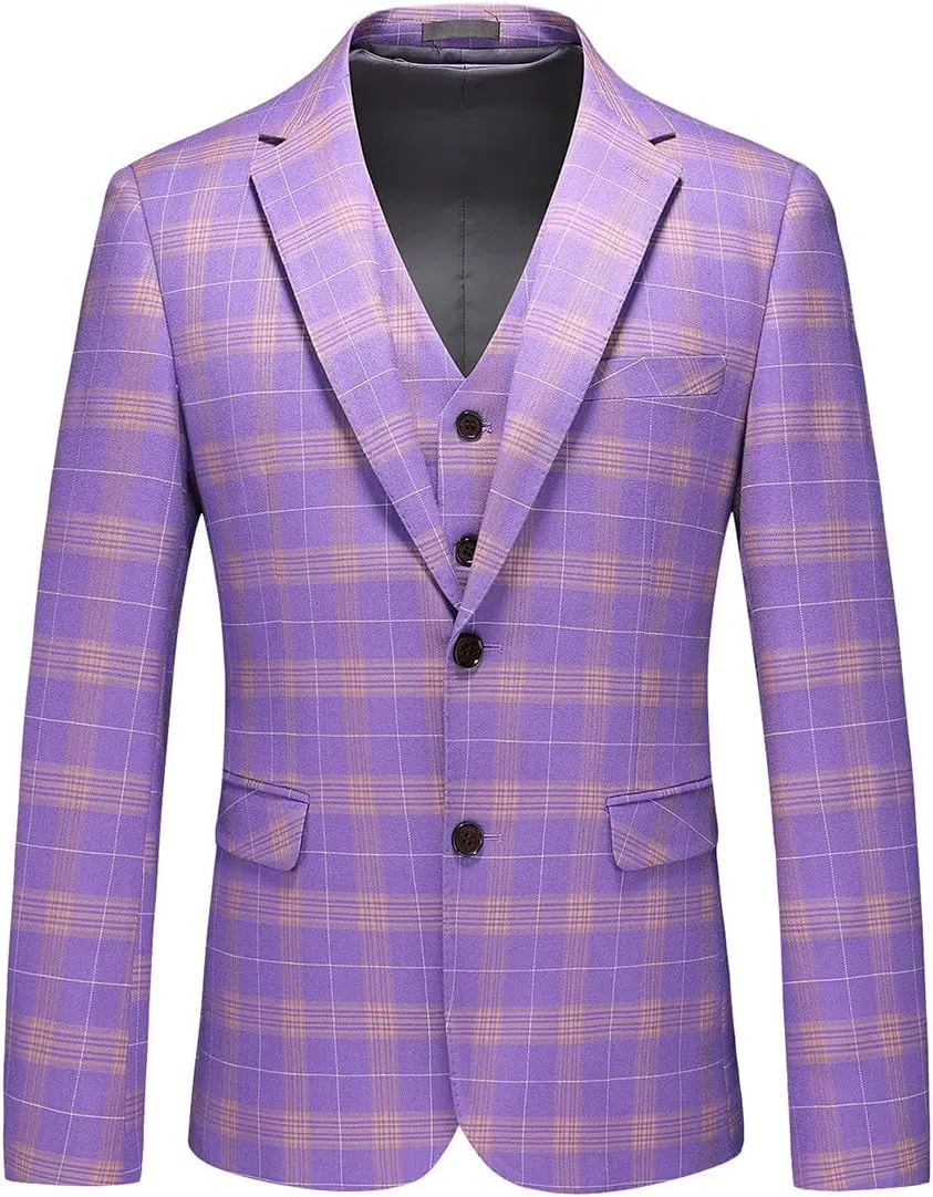 YFFUSHI Men's Plaid Tweed 3 Piece Suit Slim Fit Button Dinner Suit Tuxedo