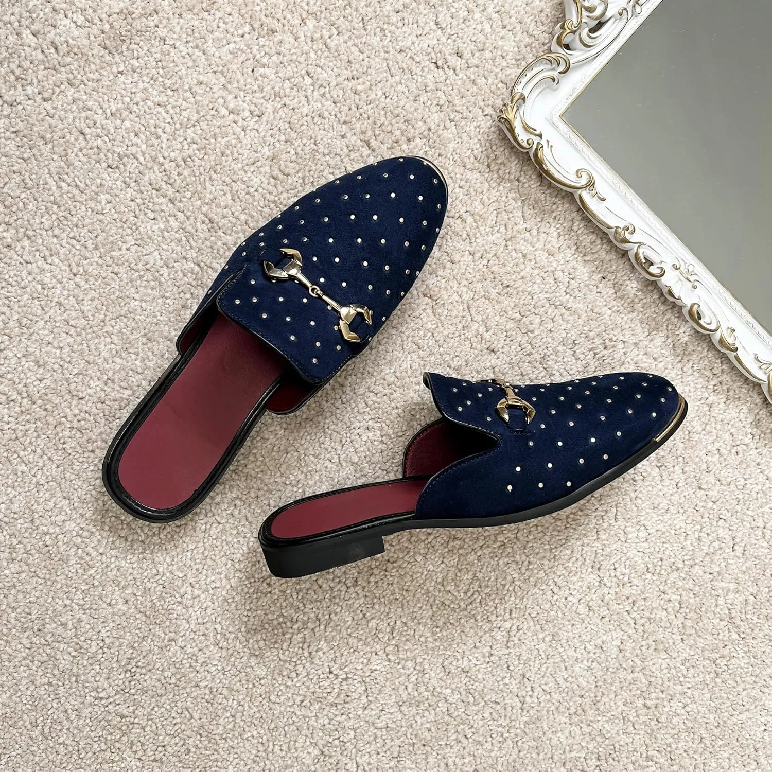 YYQL Mens Slippers with Arch Support Embroidered Leather Sandals for Men Slip On House Shoes with Indoor Outdoor Anti-Skid Rubber Sole Size 7-13