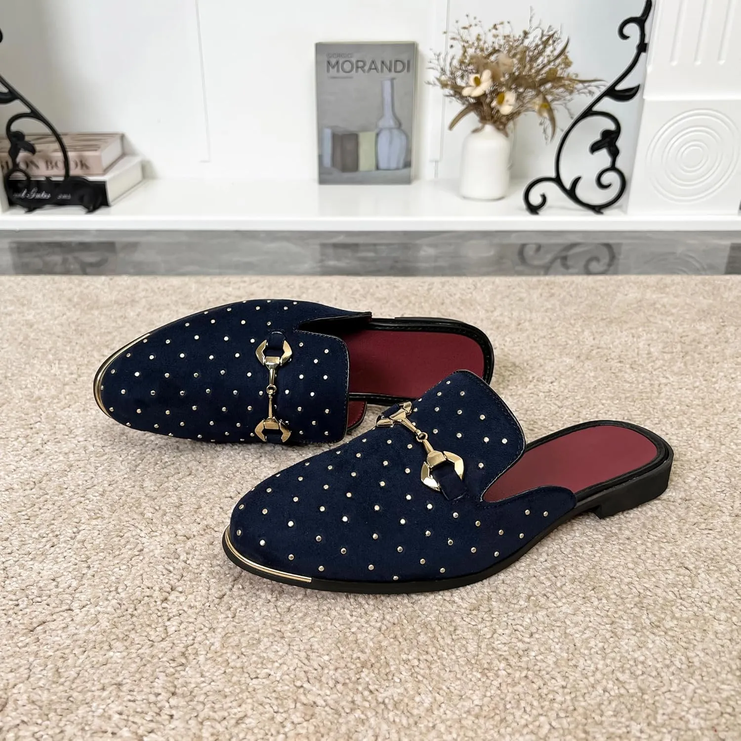 YYQL Mens Slippers with Arch Support Embroidered Leather Sandals for Men Slip On House Shoes with Indoor Outdoor Anti-Skid Rubber Sole Size 7-13