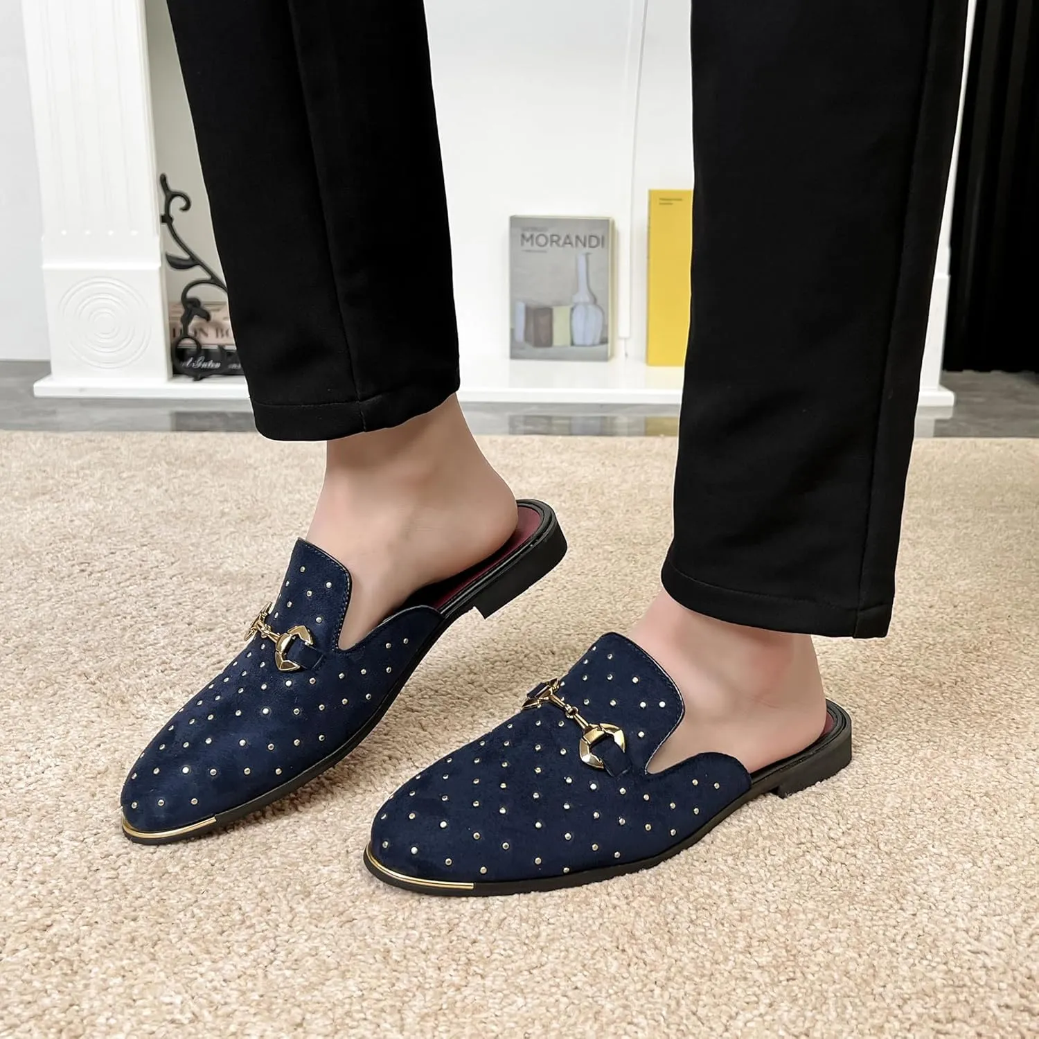 YYQL Mens Slippers with Arch Support Embroidered Leather Sandals for Men Slip On House Shoes with Indoor Outdoor Anti-Skid Rubber Sole Size 7-13