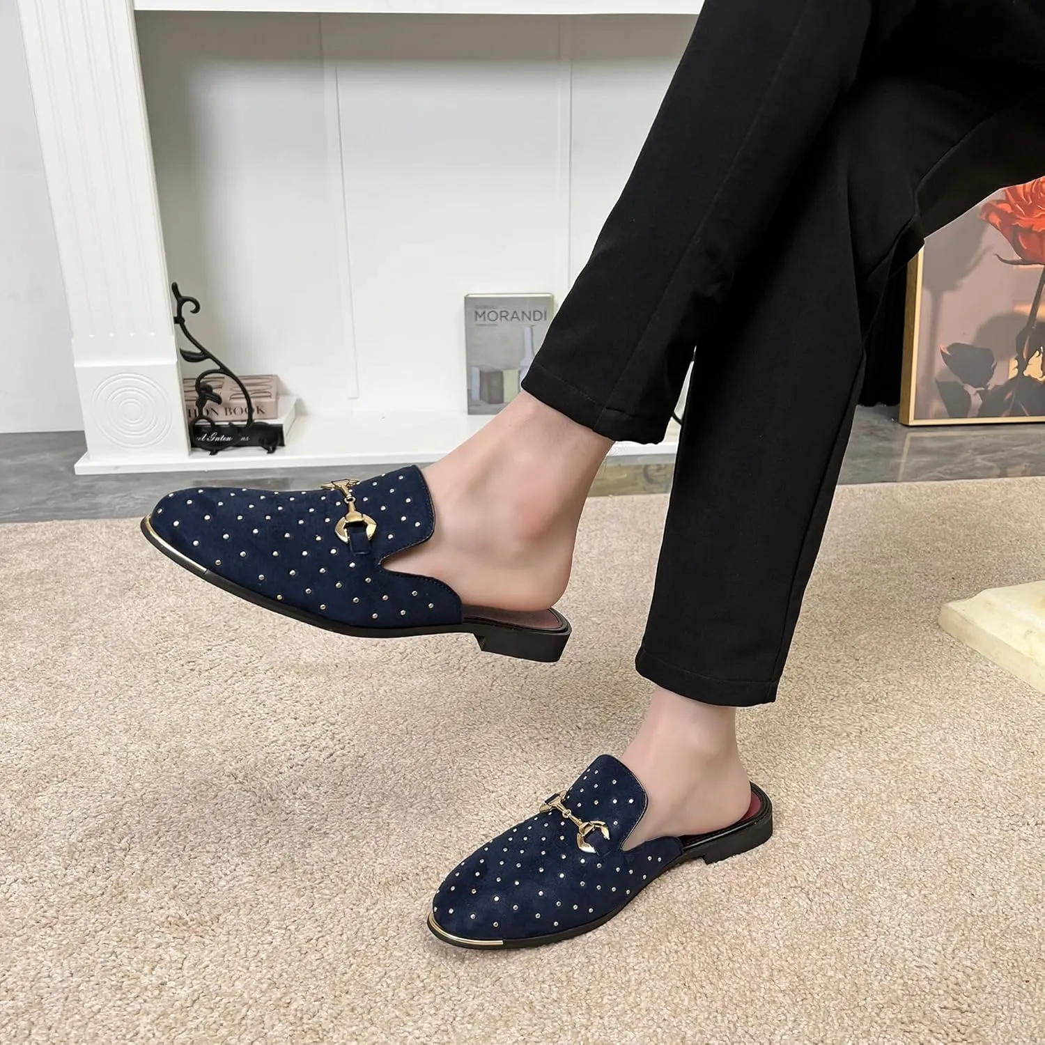YYQL Mens Slippers with Arch Support Embroidered Leather Sandals for Men Slip On House Shoes with Indoor Outdoor Anti-Skid Rubber Sole Size 7-13