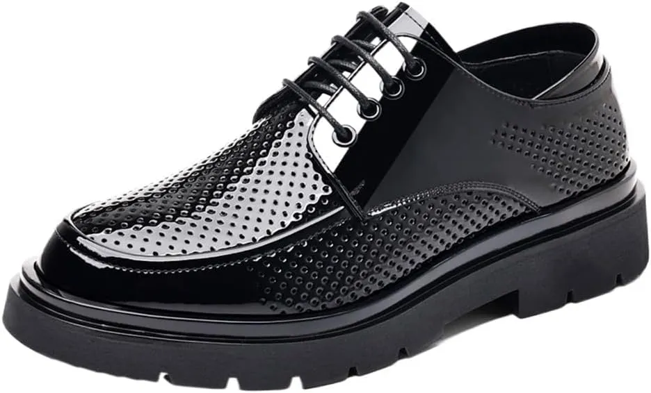 YZABEL Men's Patent Leather Platform Lace Up Dress Oxford Shoes, Pointed Toe Breathable Hollow Casual Shoes, Rubber Non-Slip for Formal Business Wedding