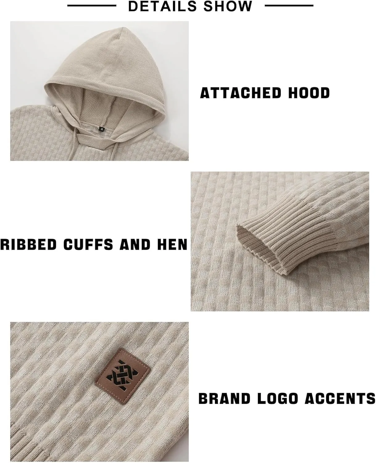 Zaitun Mens Hooded Sweatshirt Long Sleeve Solid Knitted Hoodie Pullover Sweater