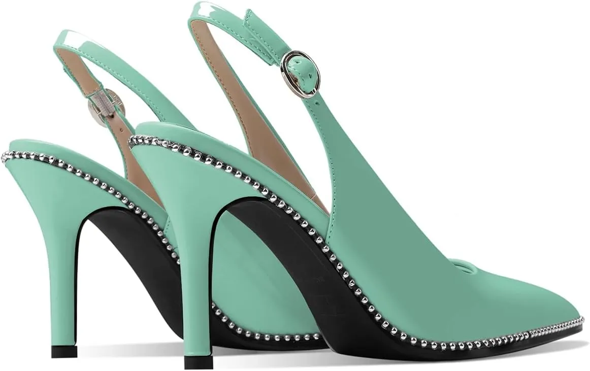 Zamikoo Women Beaded Pumps High Heel Slingback Pointed Toe Slip On 3.5 Inch Stilettos Ankle Strap Adjustable Buckle Patent Leather US Size 5 -Size 13