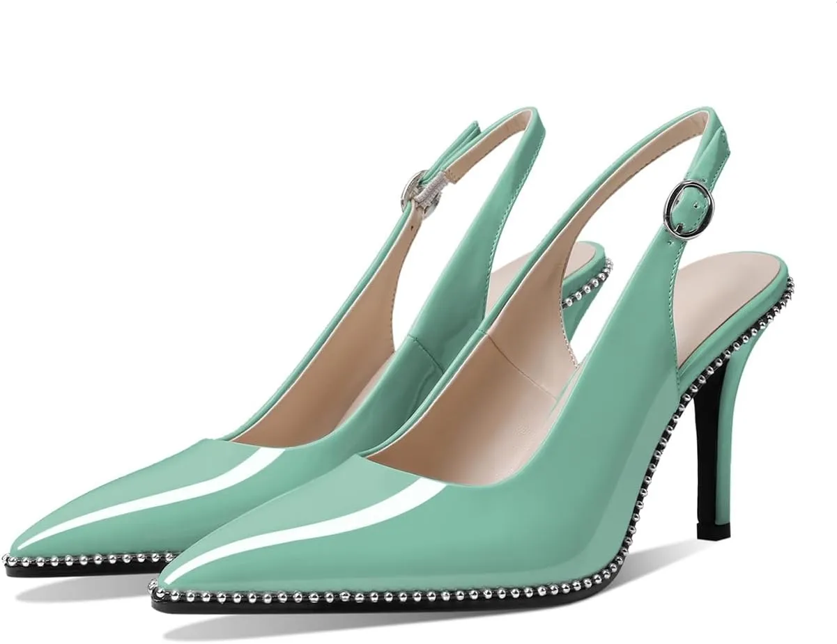 Zamikoo Women Beaded Pumps High Heel Slingback Pointed Toe Slip On 3.5 Inch Stilettos Ankle Strap Adjustable Buckle Patent Leather US Size 5 -Size 13
