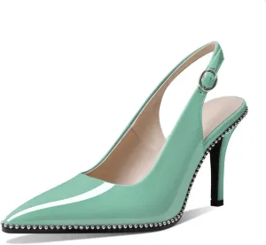 Zamikoo Women Beaded Pumps High Heel Slingback Pointed Toe Slip On 3.5 Inch Stilettos Ankle Strap Adjustable Buckle Patent Leather US Size 5 -Size 13