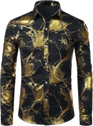 ZEROYAA Mens Hipster 3D Golden Rose Floral Printed Slim Fit Long Sleeve Button Down Dress Shirts