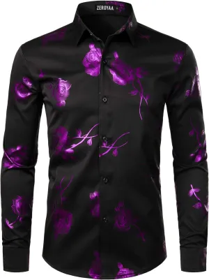 ZEROYAA Mens Hipster 3D Golden Rose Floral Printed Slim Fit Long Sleeve Button Down Dress Shirts