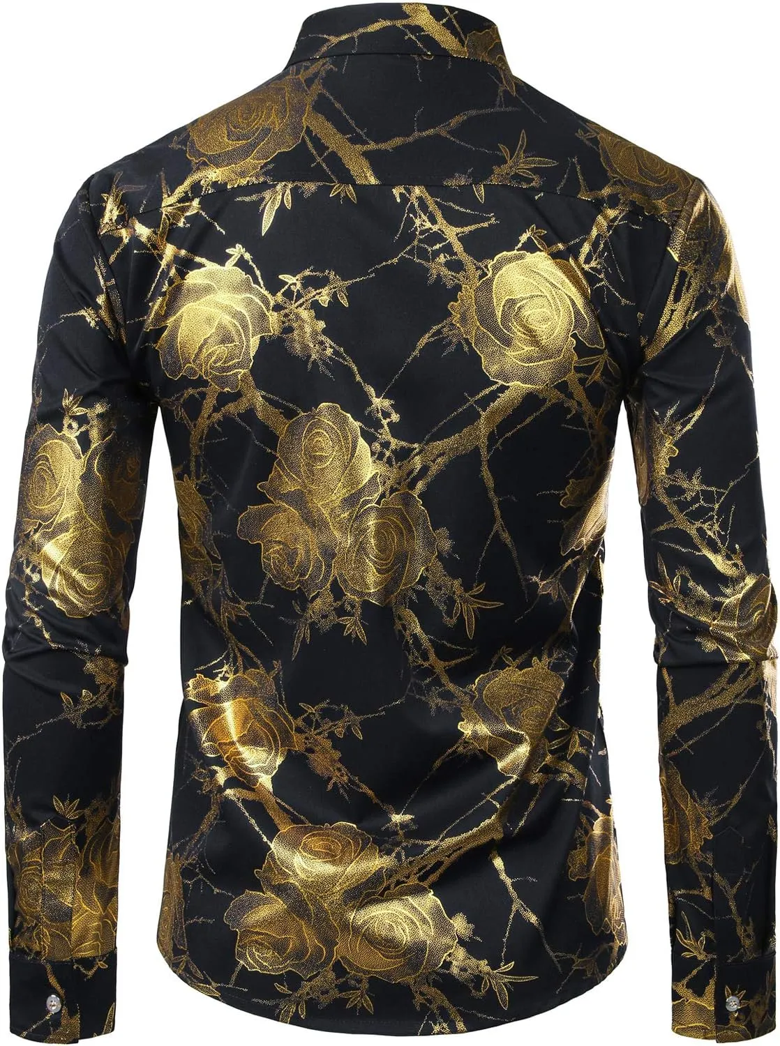 ZEROYAA Mens Hipster 3D Golden Rose Floral Printed Slim Fit Long Sleeve Button Down Dress Shirts