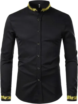 ZEROYAA Men's Luxury Gold Embroidery Design Slim Fit Long Sleeve Button Up Dress Shirts
