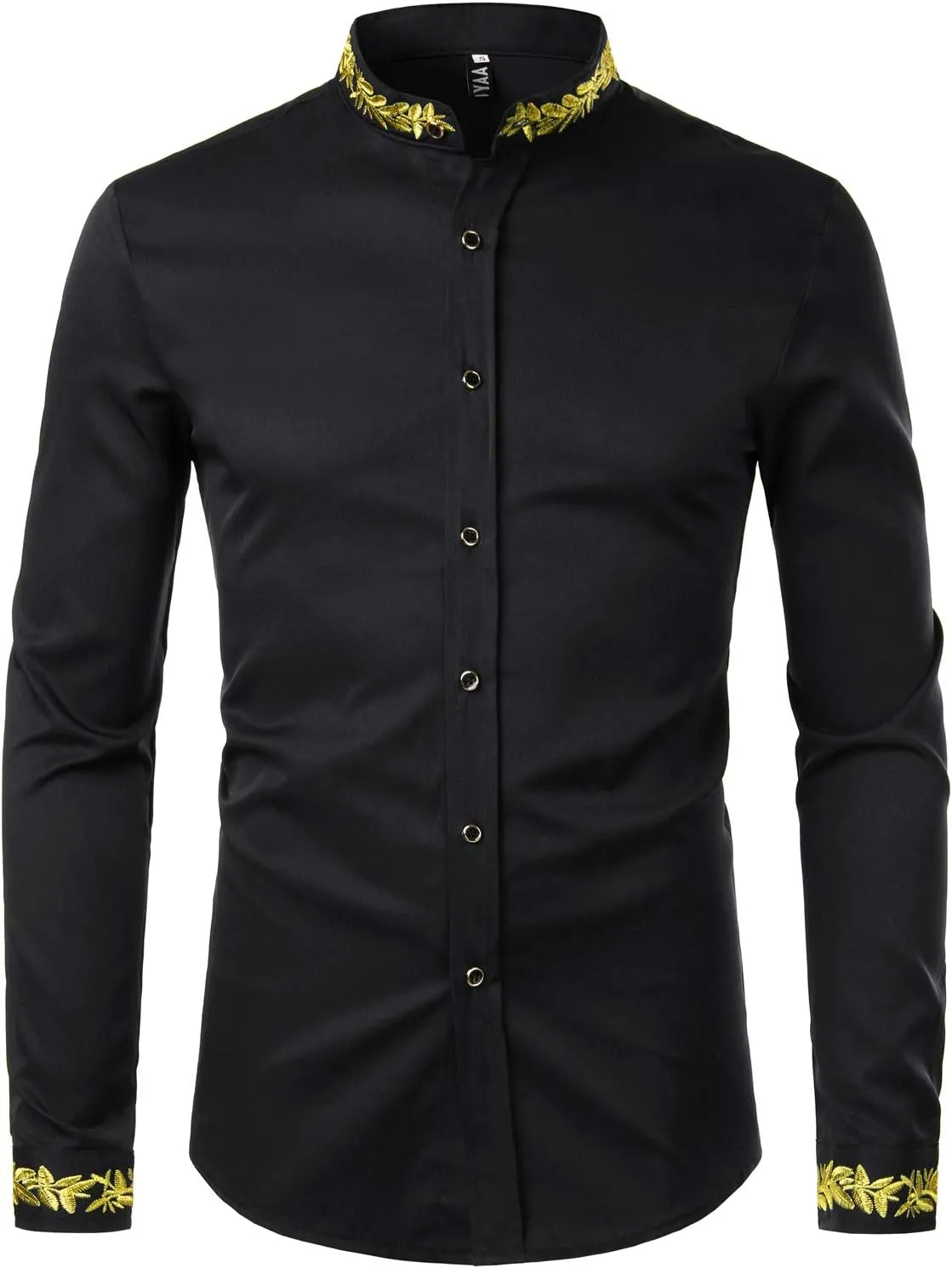 ZEROYAA Men's Luxury Gold Embroidery Design Slim Fit Long Sleeve Button Up Dress Shirts