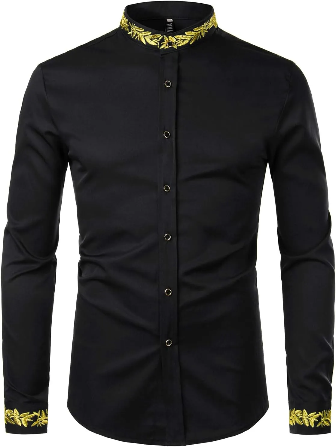 ZEROYAA Men's Luxury Gold Embroidery Design Slim Fit Long Sleeve Button Up Dress Shirts